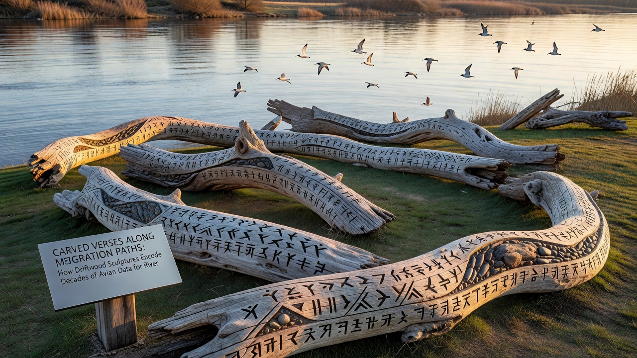Close-up view of carved driftwood showing layered symbols used to record decades of bird count and timing information