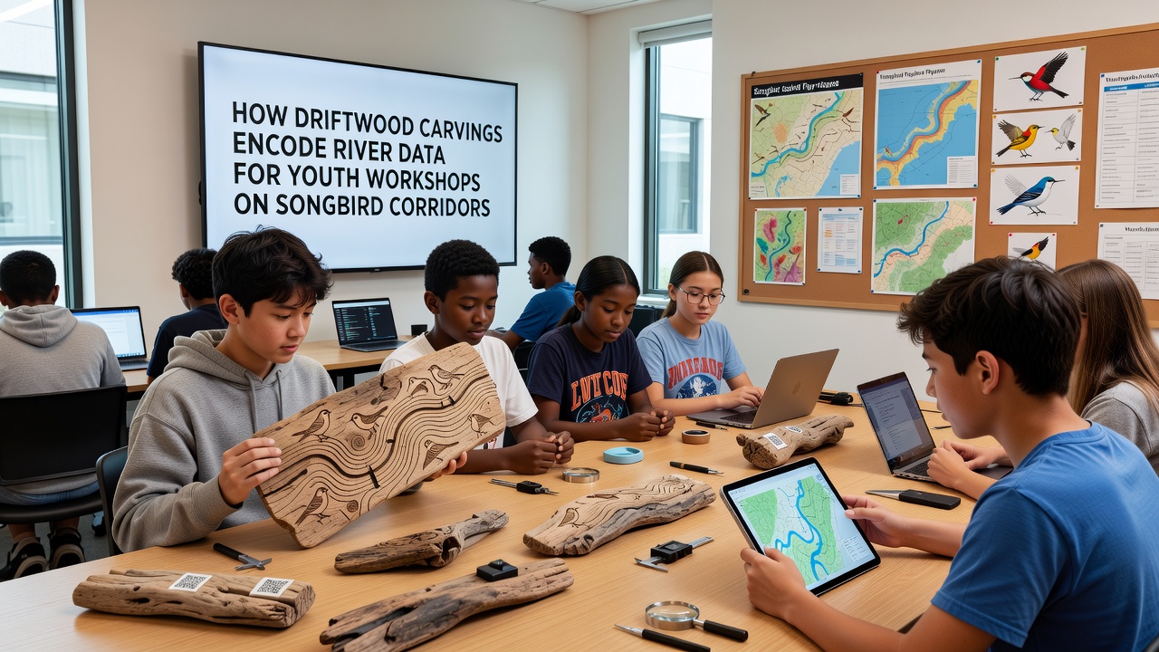 Youth participants examining carved driftwood pieces during an outdoor workshop session near a river corridor