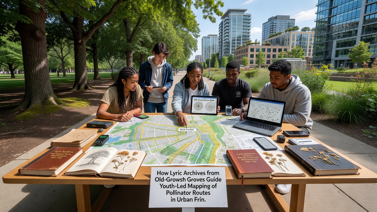 Youth mapping team using tablet to overlay old-growth archive data onto current pollinator observations in a suburban woodland edge